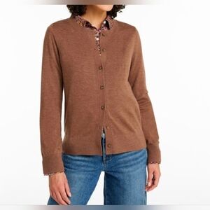 $99 NWOT LL Bean 100% Fine Merino Wool Granny Cardigan Women L Retro Tan Brown